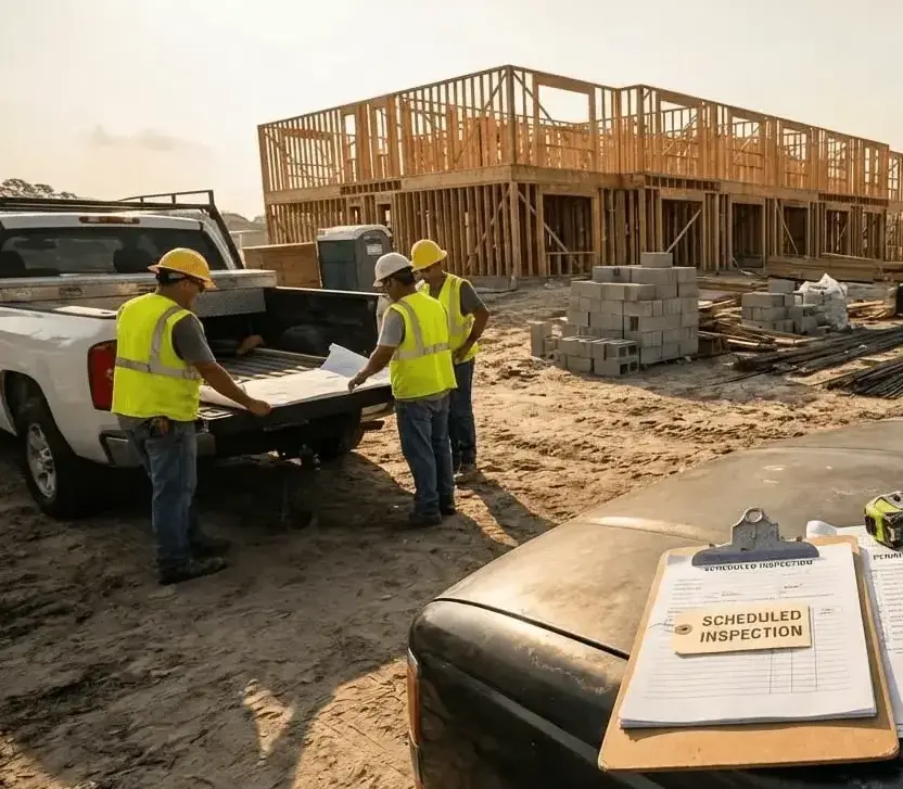 Florida construction site with scheduled inspection notice, permit inspection checklist, and blueprints showing housing development and regulatory processes