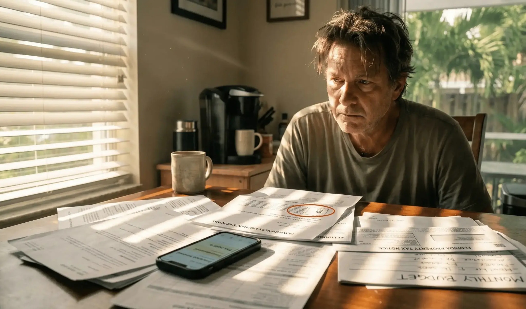 Florida homeowner reviewing property tax notice, homeowners insurance renewal, and monthly budget documents showing financial pressure