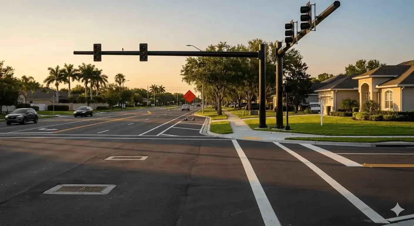 Florida suburban street with for sale sign, road work ahead sign, and stormwater drains showing infrastructure development