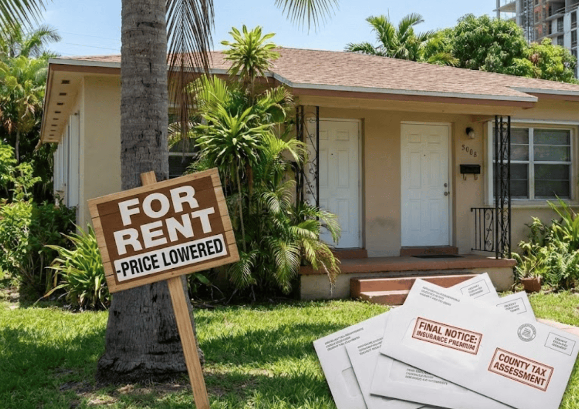 Duplex with price-lowered for rent sign and stacked tax and insurance notices