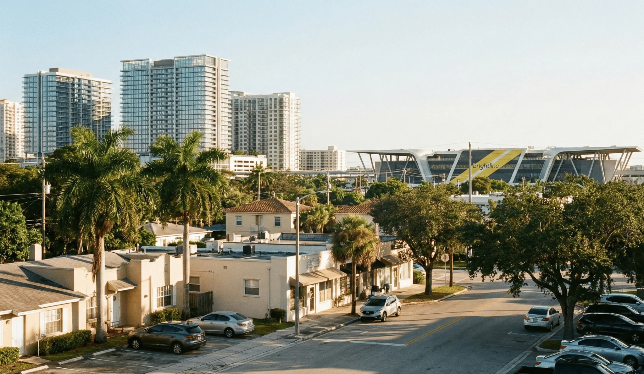 Fort Lauderdale downtown cityscape with Brightline station and modern high-rise buildings