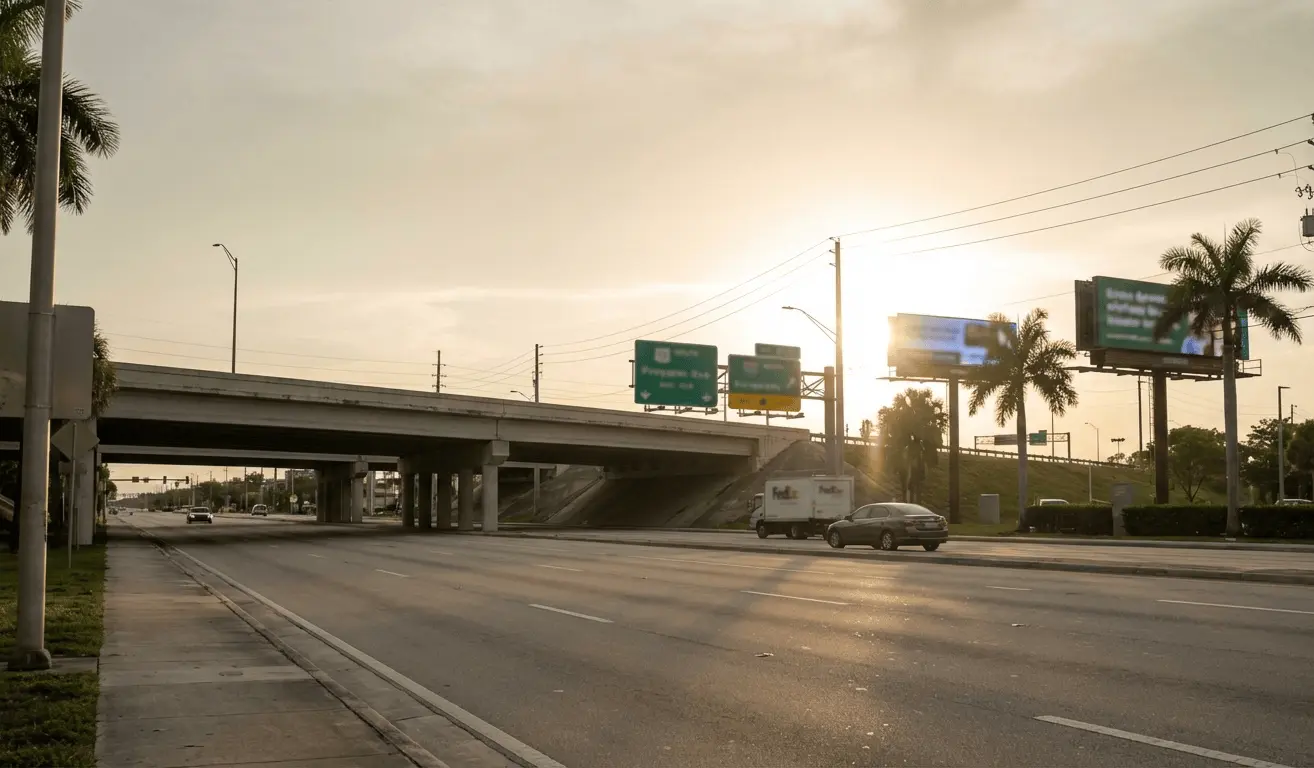 Fort Lauderdale highway with Pompano Beach sign, South Florida infrastructure
