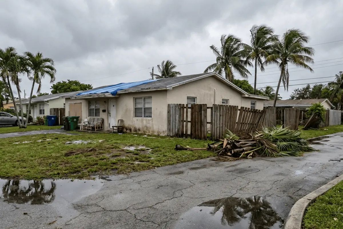 Fort Lauderdale storm damaged home with roof tarp after hurricane, sell house as-is