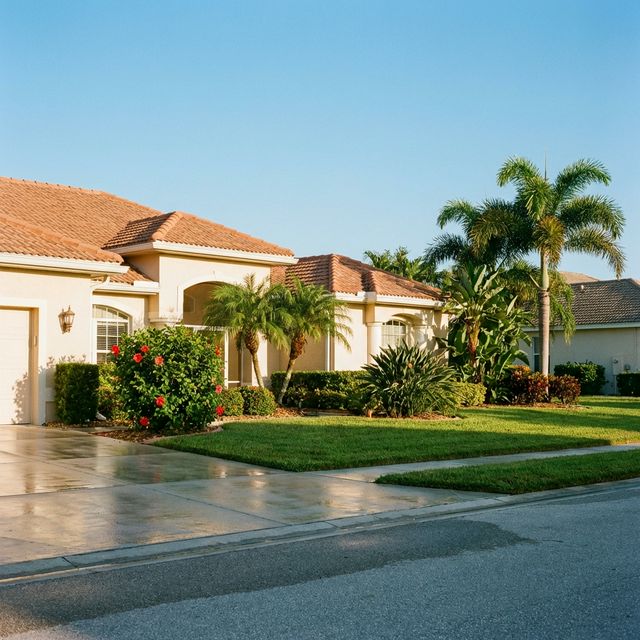 Typical Florida home on tree-lined suburban street