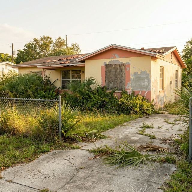 Florida home showing water damage with stained ceiling and warped flooring