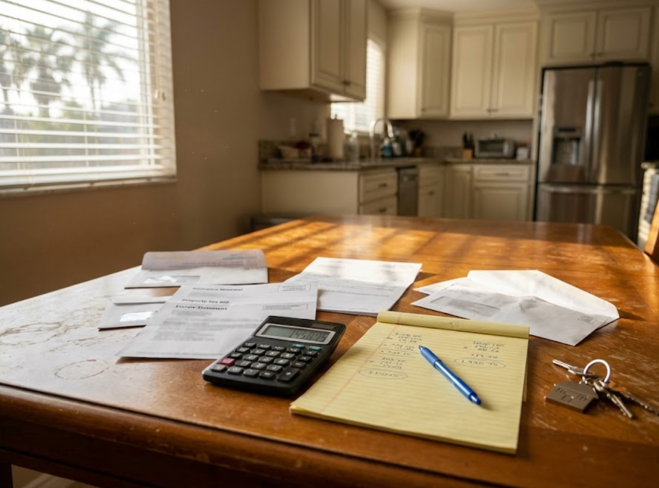 Kitchen table with stacked bills and calculator showing rising costs