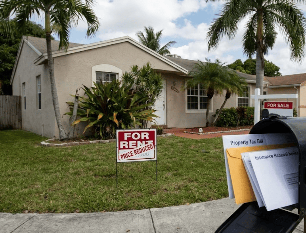 Single-family rental home in South Florida with for rent and for sale signs plus a mailbox filled with tax and insurance bills