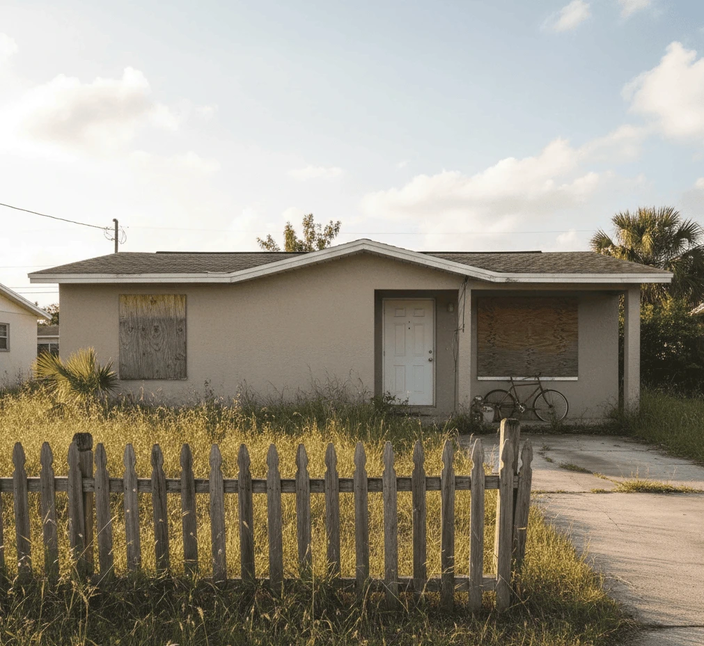 Property with boarded windows and severe code violations