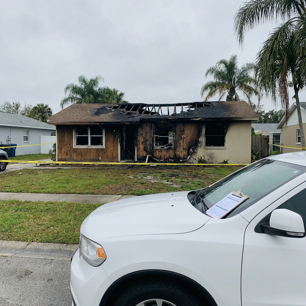 Fire damaged house in Florida showing burn damage and smoke marks on exterior