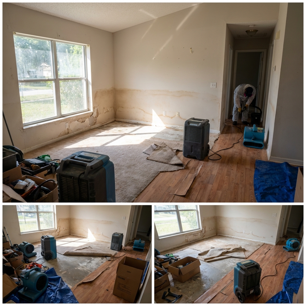 Flood damage remediation in progress showing waterline marks and exposed flooring