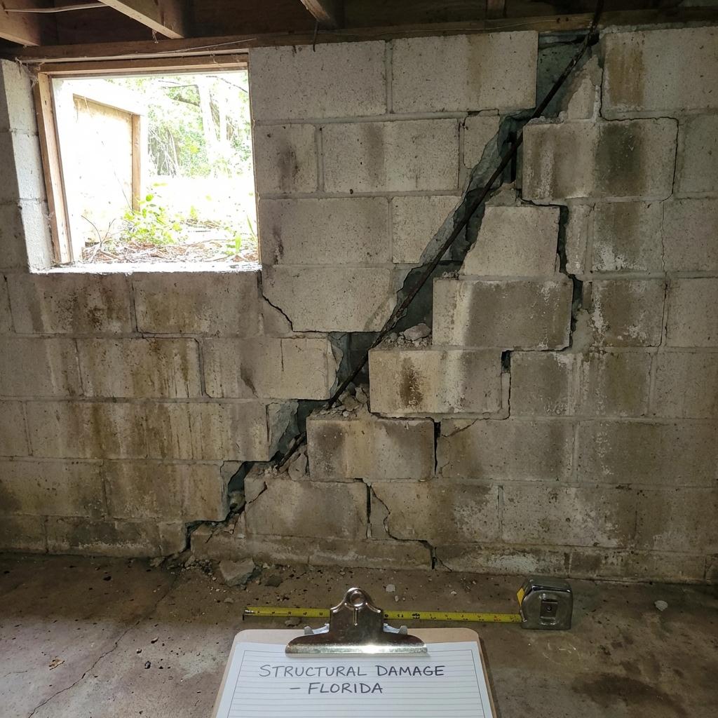 Large diagonal crack in concrete block foundation wall of Florida home showing structural damage