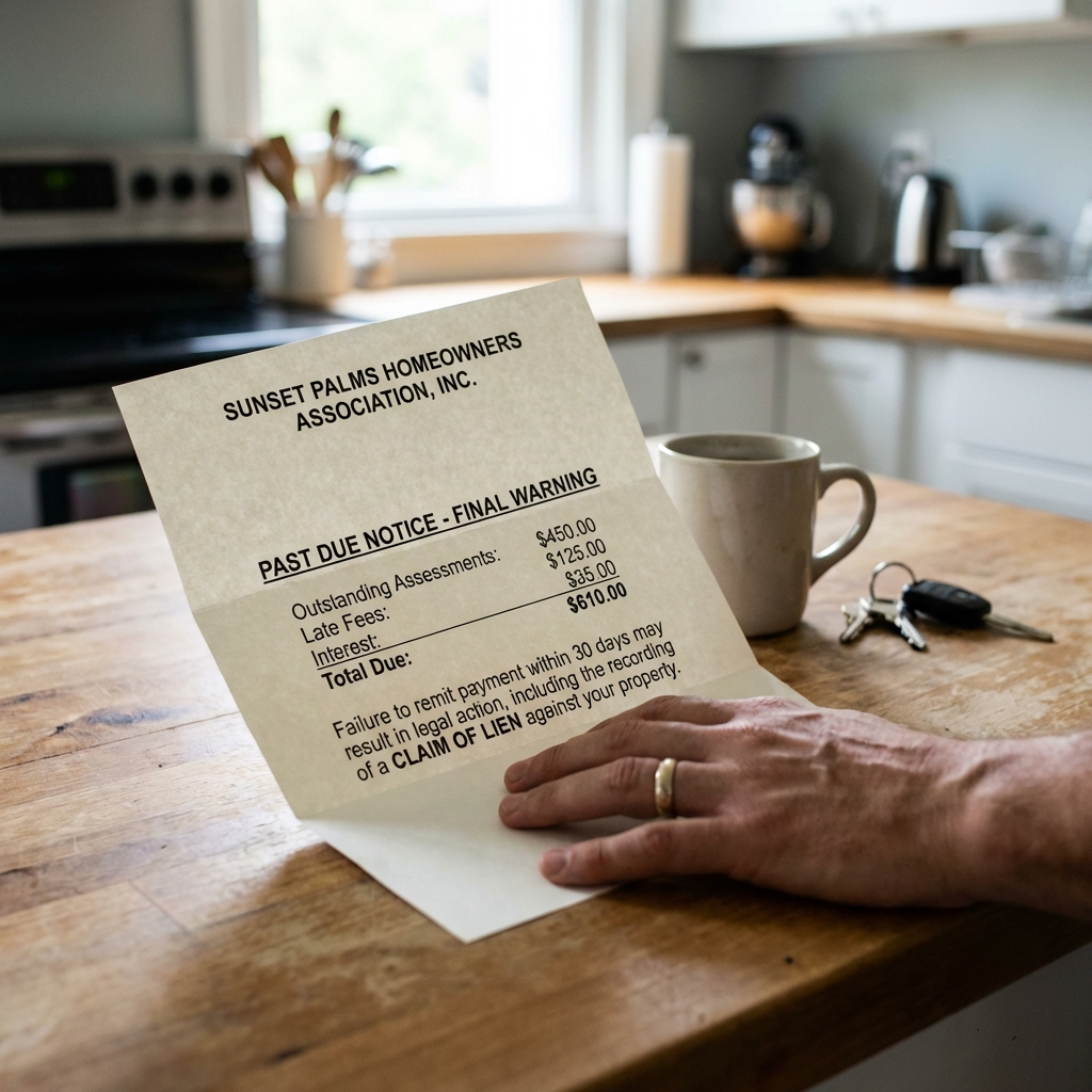 HOA past due notice letter showing overdue assessments and warning of lien filing in Florida