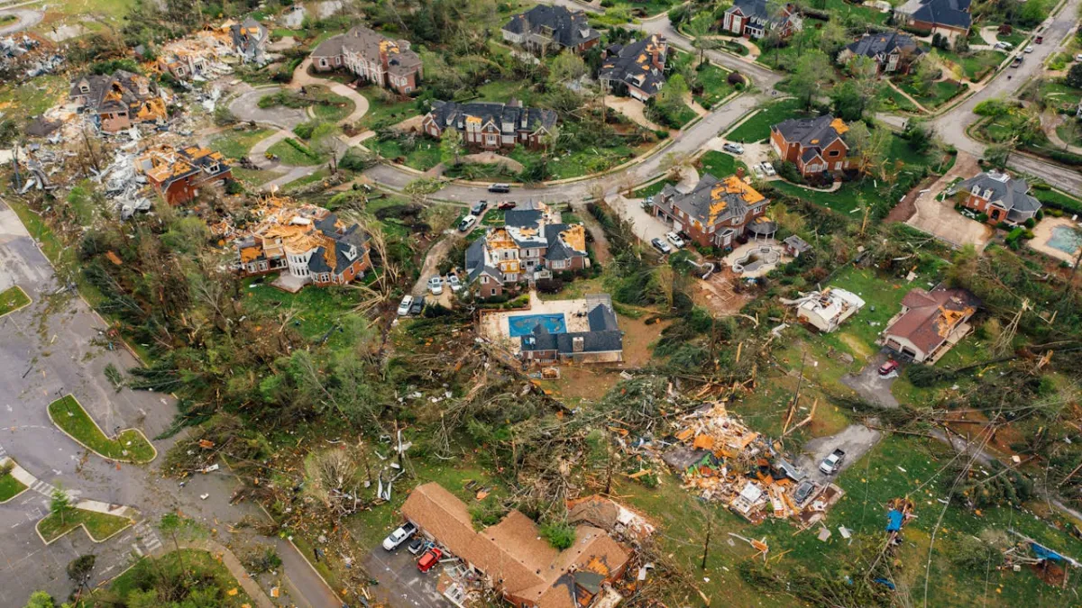 Aerial view of hurricane damage to Florida neighborhood