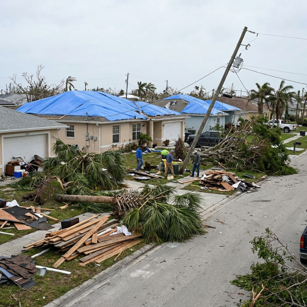 Hurricane damage in Florida neighborhood with blue tarps on damaged roofs and fallen palm trees