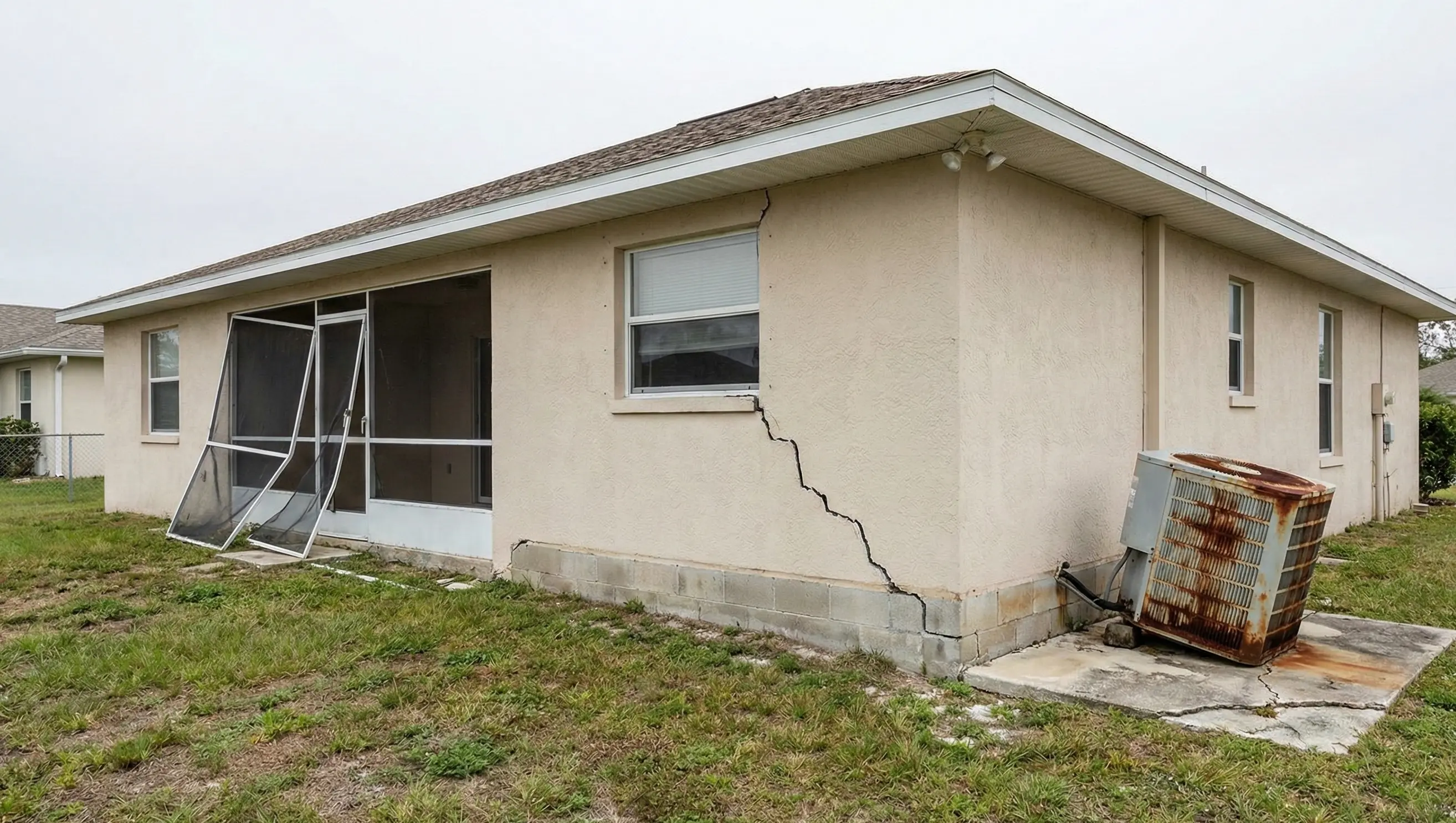 House needing major repairs, including roof damage