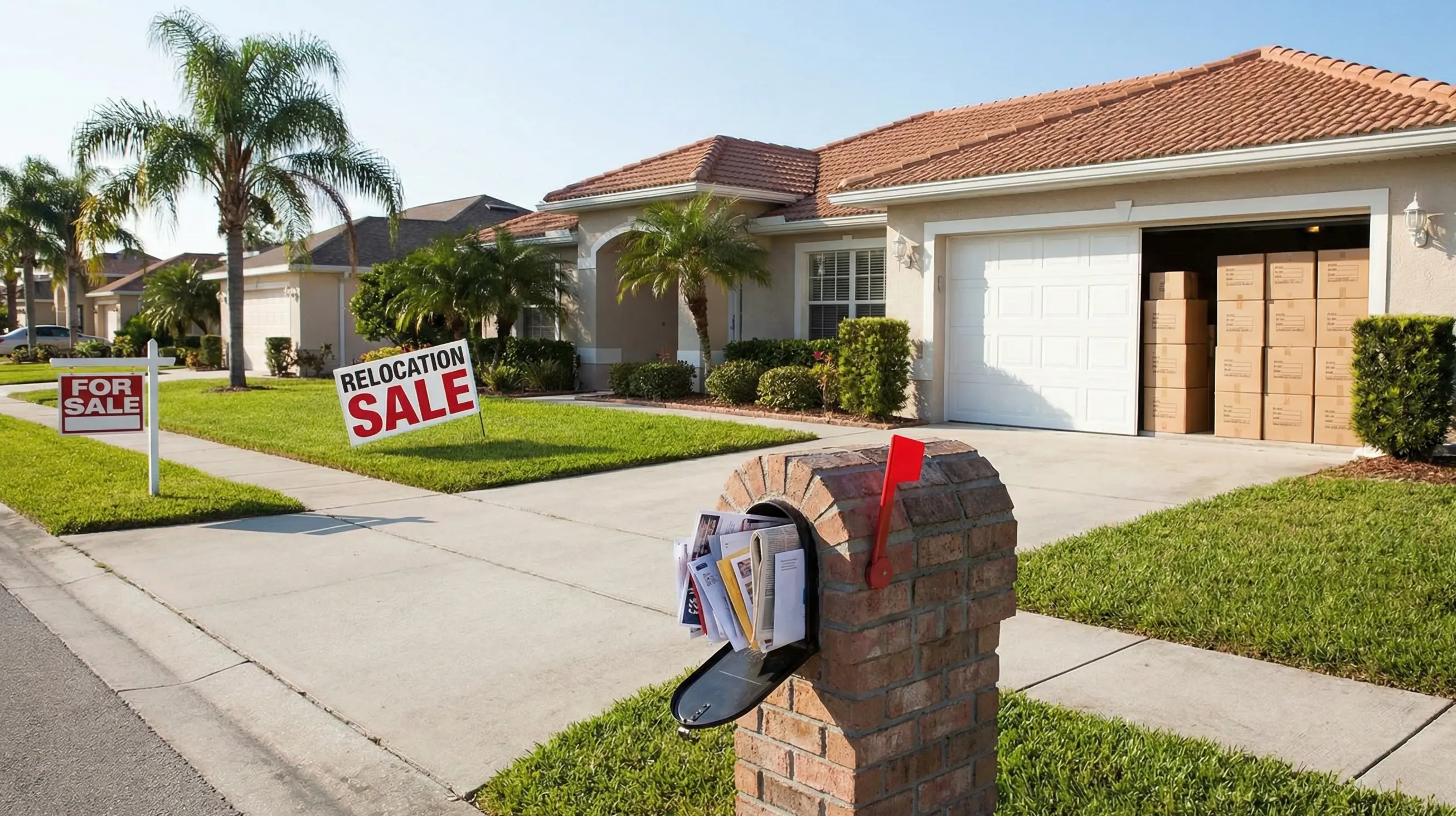 Packed boxes and moving truck ready for departure
