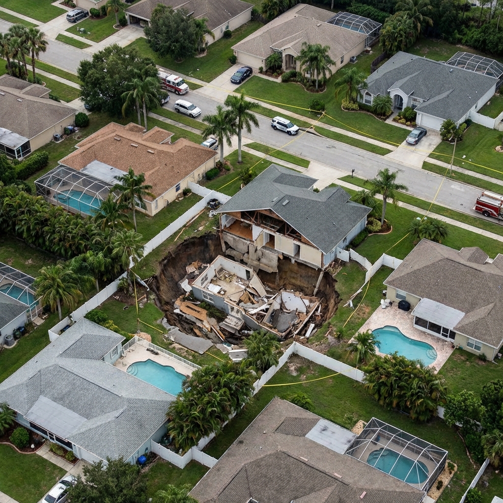 Florida sinkhole damage to residential home - aerial view showing foundation compromise
