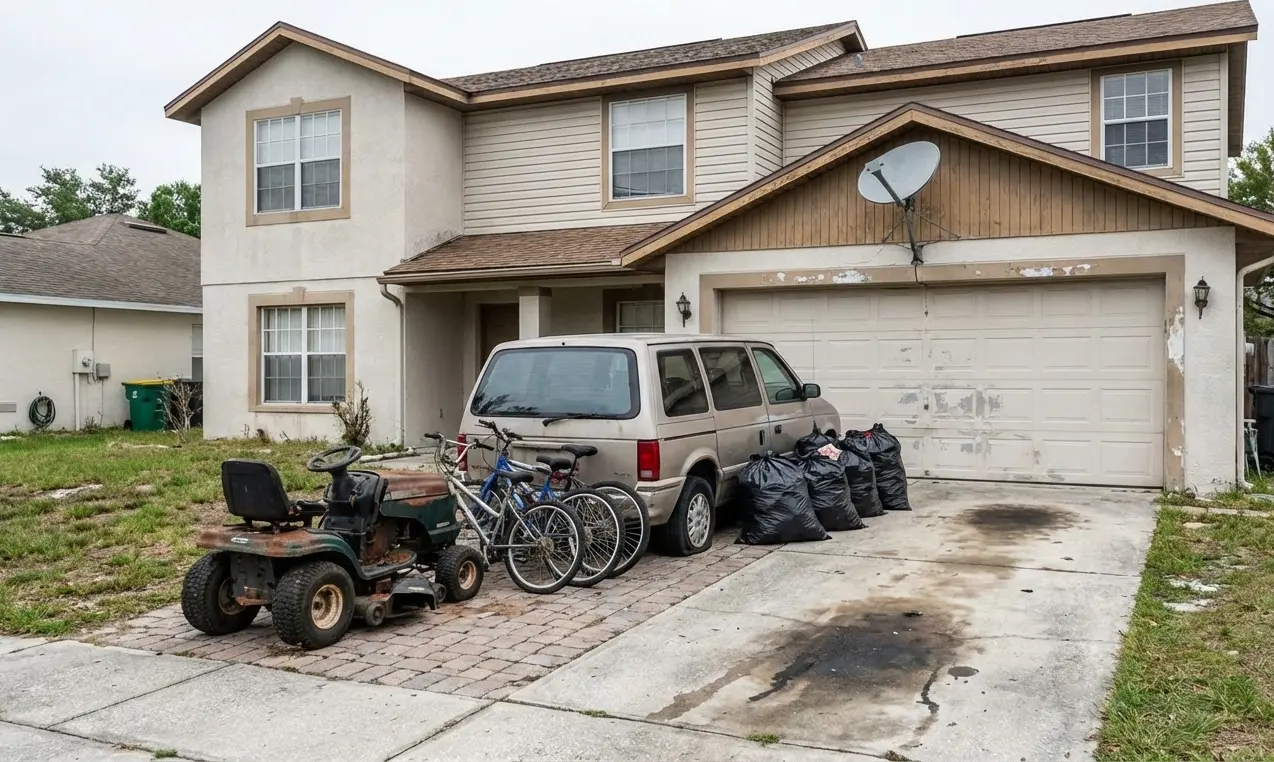 Cluttered front yard and porch representing tenant issues