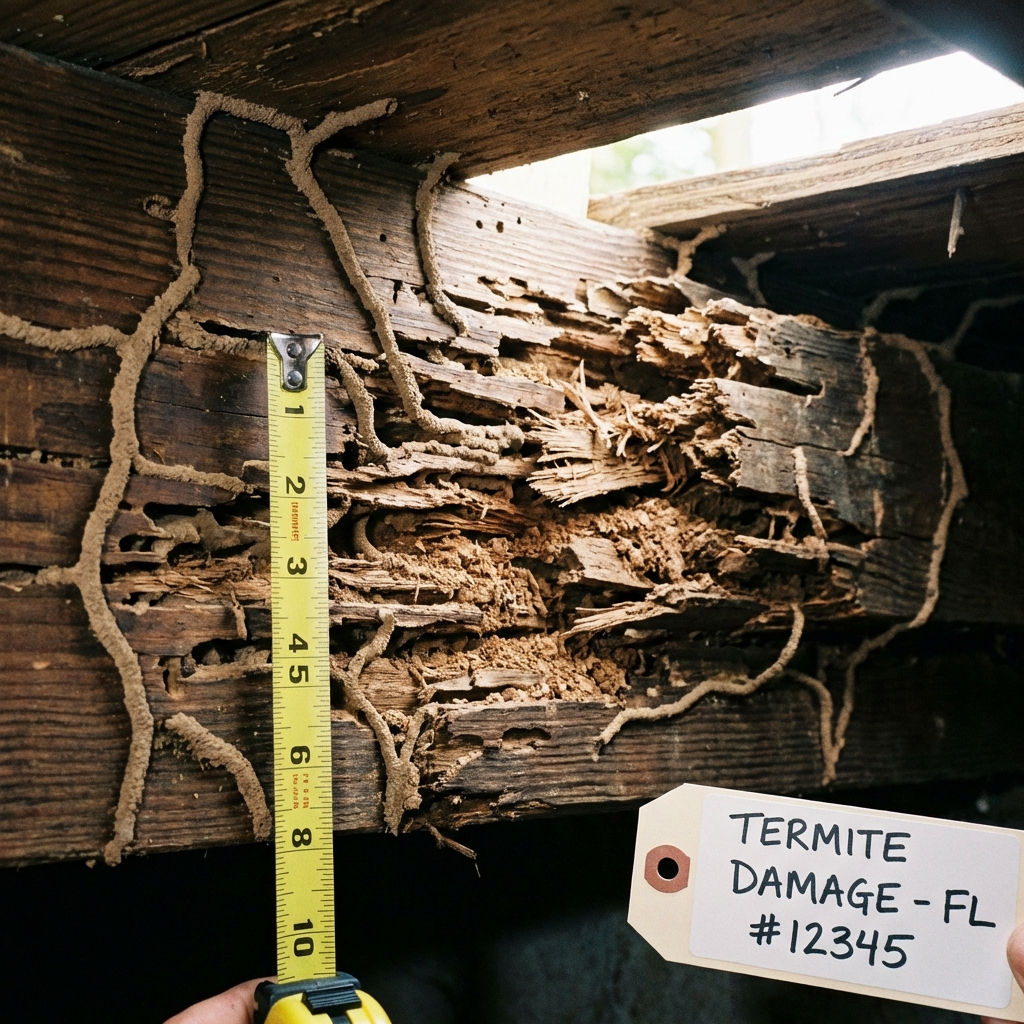Severe termite damage to wooden structural beam in Florida home showing mud tubes and deteriorated wood