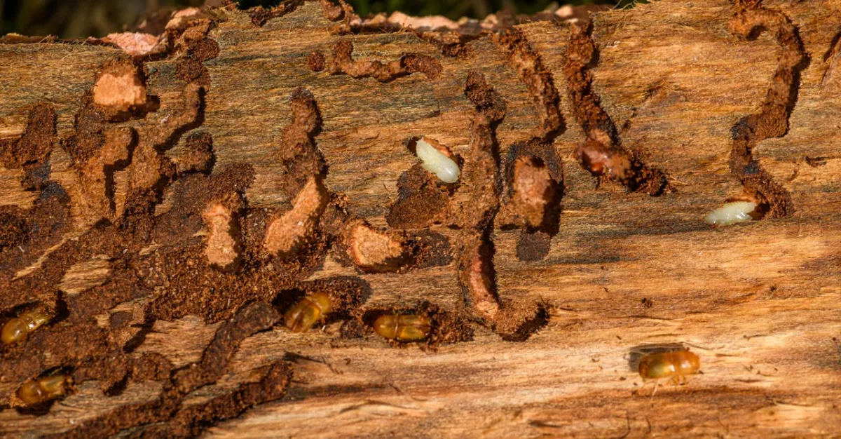 Close-up of termite damage in wood beam