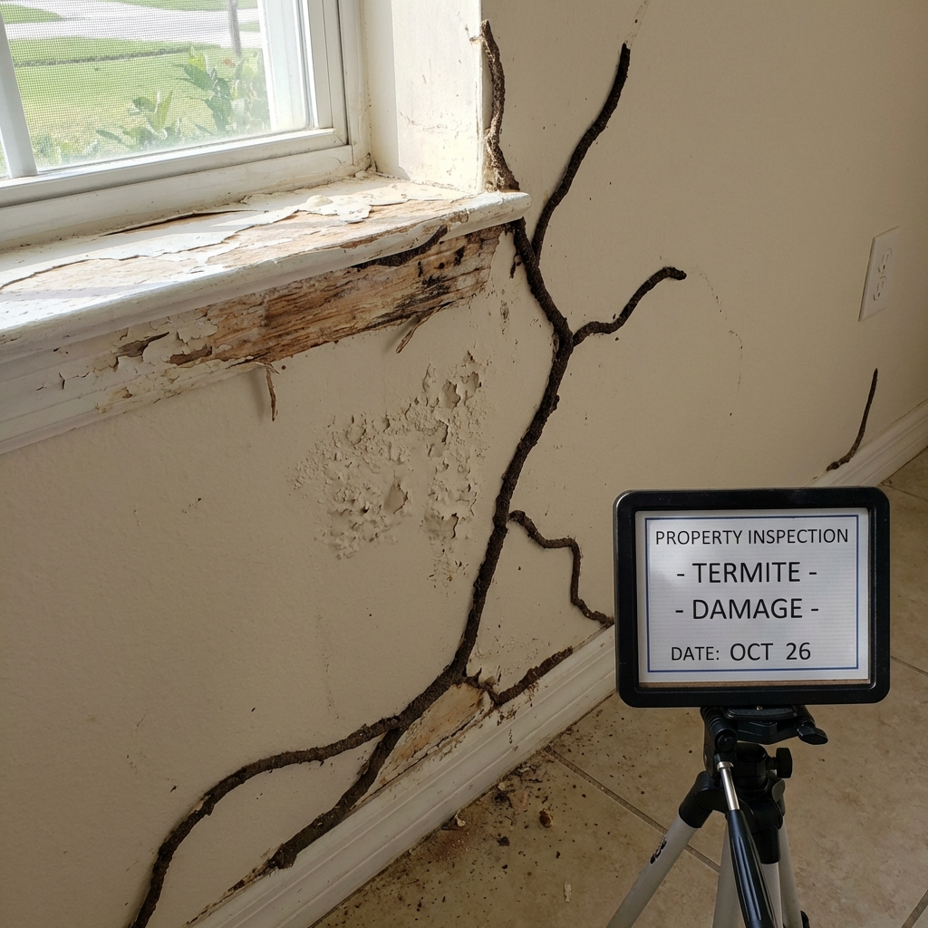 Termite mud tubes running up interior wall with visible wood damage around window frame in Florida home