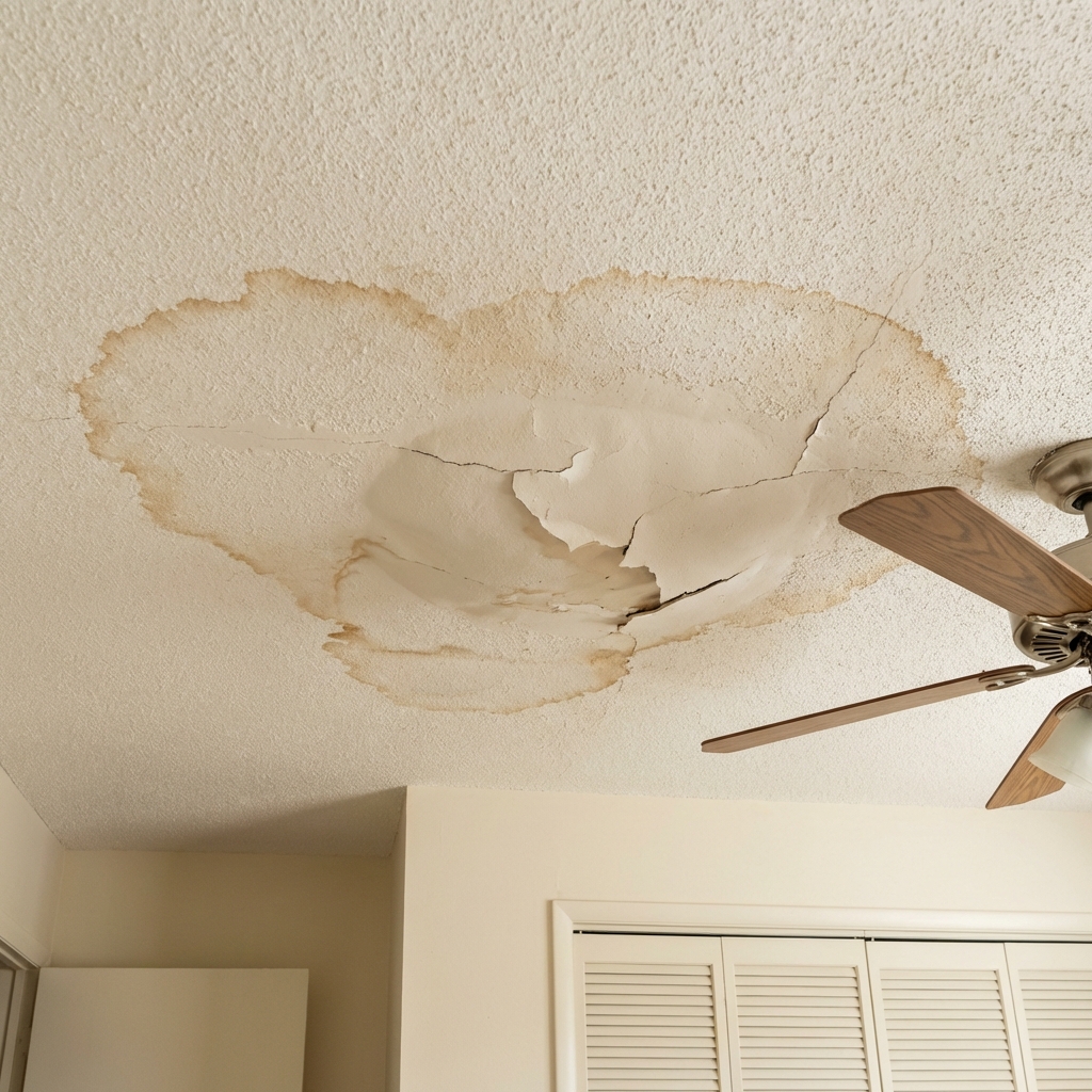 Ceiling showing brown water stains and sagging drywall from roof leak in Florida home