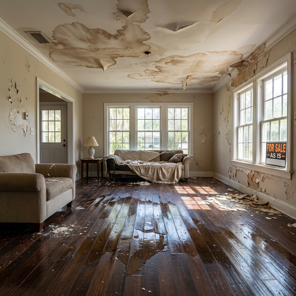 Living room with water damage showing warped floors and ceiling stains in Florida home